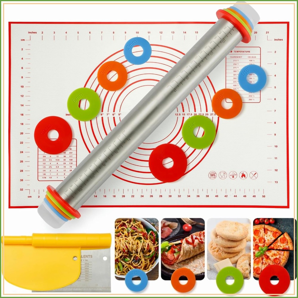 Bench Scraper Dough - Rolling Pin Set with Thickness Rings,